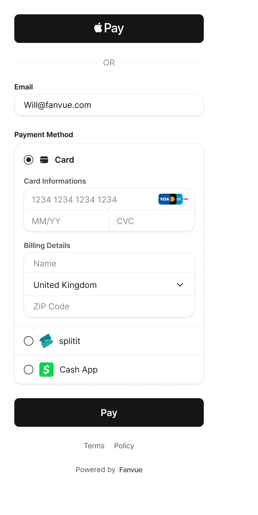 Fanvue checkout link form
