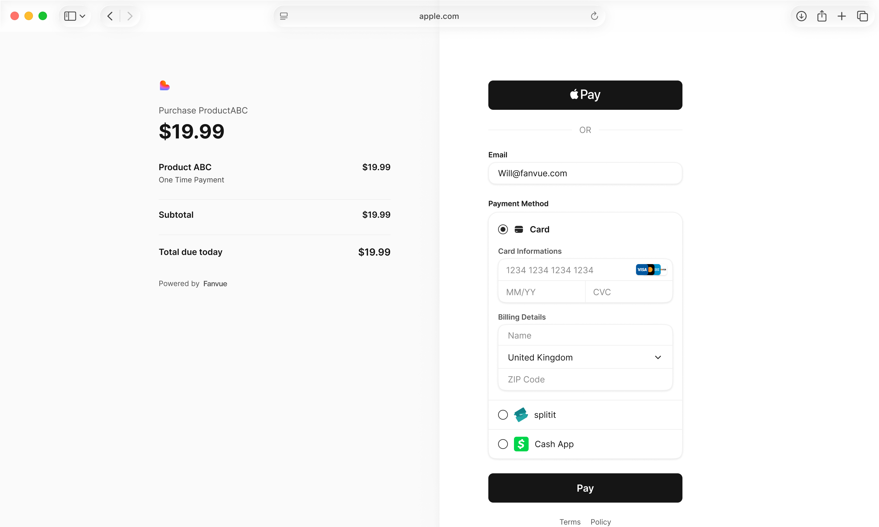 Fanvue checkout invoice page
